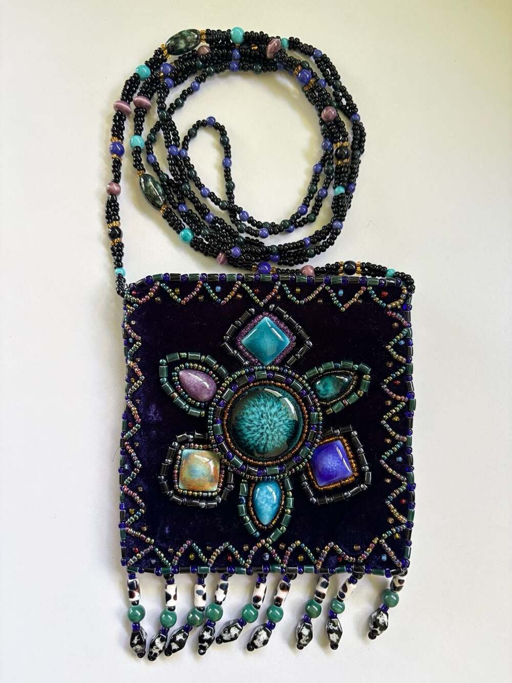 Boho royal purple velvet crossbody pouch with hand-beaded design Like New